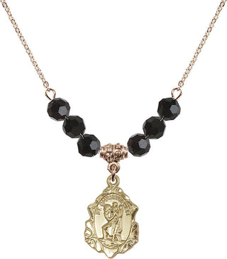 18" Hamilton Gold Plated Necklace with 4mm Jet Crystal Beads featuring a 14kt Gold Filled Saint Christopher Medal. Engraved Catholic Saint Jewelry