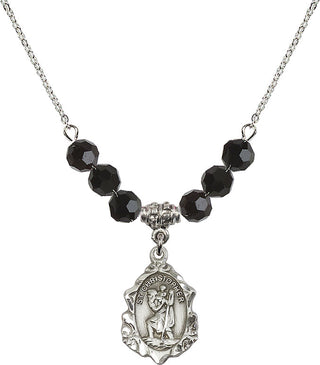 18" Rhodium Plated Necklace with 4mm Jet Crystal Beads featuring a Sterling Silver Saint Christopher Medal. Engraved Catholic Saint Jewelry