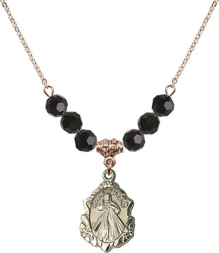 18" Hamilton Gold Plated Necklace with 4mm Jet Crystal Beads featuring a 14kt Gold Filled Divine Mercy Medal. Engraved Catholic Saint Jewelry