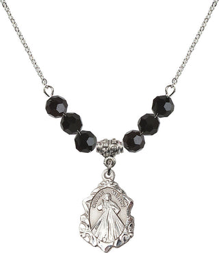 18" Rhodium Plated Necklace with 4mm Jet Crystal Beads featuring a Sterling Silver Divine Mercy Medal. Engraved Catholic Saint Jewelry