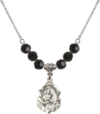 18" Rhodium Plated Necklace with 4mm Jet Crystal Beads featuring a Sterling Silver Saint Gerard Medal. Engraved Catholic Saint Jewelry