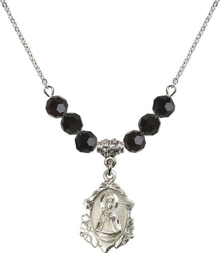 18" Rhodium Plated Necklace with 4mm Jet Crystal Beads featuring a Sterling Silver Infant of Prague Medal. Engraved Catholic Saint Jewelry