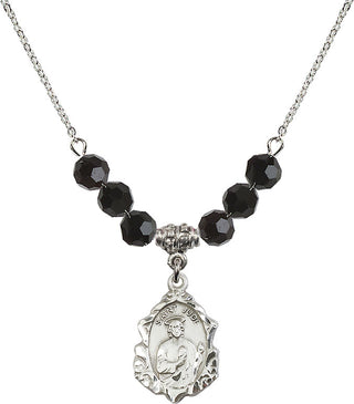 18" Rhodium Plated Necklace with 4mm Jet Crystal Beads featuring a Sterling Silver Saint Jude Medal. Engraved Catholic Saint Jewelry