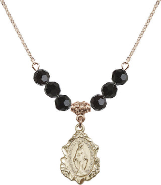 18" Hamilton Gold Plated Necklace with 4mm Jet Crystal Beads featuring a 14kt Gold Filled Miraculous Medal. Engraved Catholic Saint Jewelry