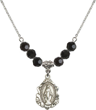 18" Rhodium Plated Necklace with 4mm Jet Crystal Beads featuring a Sterling Silver Miraculous Medal. Engraved Catholic Saint Jewelry