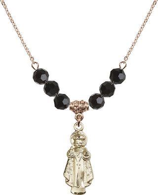 18" Hamilton Gold Plated Necklace with 4mm Jet Crystal Beads featuring a 14kt Gold Filled Infant of Prague Medal.