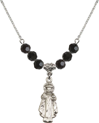 18" Rhodium Plated Necklace with 4mm Jet Crystal Beads featuring a Sterling Silver Infant of Prague Medal.