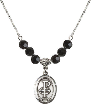 18" Rhodium Plated Necklace with 4mm Jet Crystal Beads featuring a Sterling Silver Matrimony Medal.