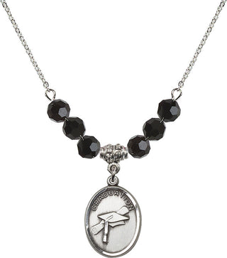 18" Rhodium Plated Necklace with 4mm Jet Crystal Beads featuring a Sterling Silver Graduation Medal.