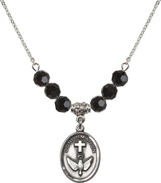 18" Rhodium Plated Necklace with 4mm Jet Crystal Beads featuring a Sterling Silver Confirmation Medal.
