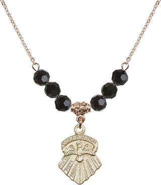 18" Hamilton Gold Plated Necklace with 4mm Jet Crystal Beads featuring a 14kt Gold Filled Seven Gifts Medal.