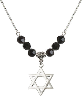 18" Rhodium Plated Necklace with 4mm Jet Crystal Beads featuring a Sterling Silver Star of David Medal.