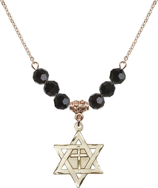 18" Hamilton Gold Plated Necklace with 4mm Jet Crystal Beads featuring a 14kt Gold Filled Star of David with Cross Medal.