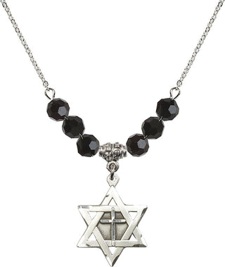 18" Rhodium Plated Necklace with 4mm Jet Crystal Beads featuring a Sterling Silver Star of David with Cross Medal.