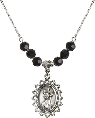 18" Rhodium Plated Necklace with 4mm Jet Crystal Beads featuring a Sterling Silver Saint Christopher Medal.