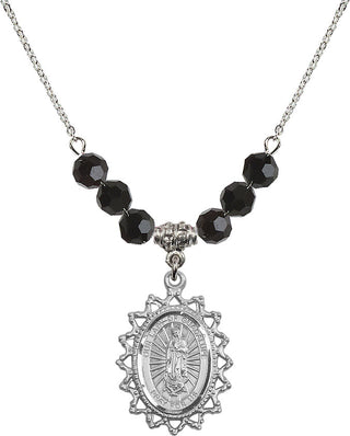 18" Rhodium Plated Necklace with 4mm Jet Crystal Beads featuring a Sterling Silver Our Lady of Guadalupe Medal.