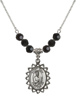 18" Rhodium Plated Necklace with 4mm Jet Crystal Beads featuring a Sterling Silver Saint Jude Medal.