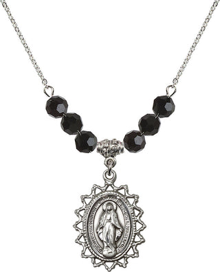 18" Rhodium Plated Necklace with 4mm Jet Crystal Beads featuring a Sterling Silver Miraculous Medal.