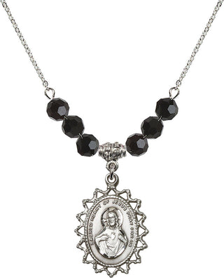 18" Rhodium Plated Necklace with 4mm Jet Crystal Beads featuring a Sterling Silver Scapular Medal.