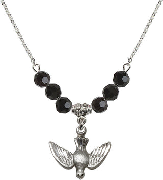 18" Rhodium Plated Necklace with 4mm Jet Crystal Beads featuring a Sterling Silver Holy Spirit Medal.