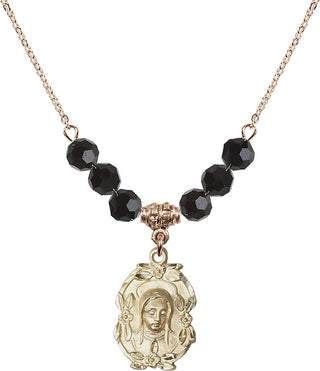 18" Hamilton Gold Plated Necklace with 4mm Jet Crystal Beads featuring a 14kt Gold Filled Madonna Medal.