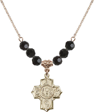 18" Hamilton Gold Plated Necklace with 4mm Jet Crystal Beads featuring a 14kt Gold Filled Communion/5-Way Medal.