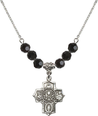 18" Rhodium Plated Necklace with 4mm Jet Crystal Beads featuring a Sterling Silver Communion/5-Way Medal.