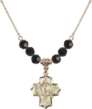 18" Hamilton Gold Plated Necklace with 4mm Jet Crystal Beads featuring a 14kt Gold Filled 5-Way Medal.