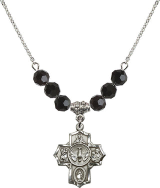 18" Rhodium Plated Necklace with 4mm Jet Crystal Beads featuring a Sterling Silver 5-Way Medal.