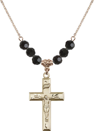18" Hamilton Gold Plated Necklace with 4mm Jet Crystal Beads featuring a 14kt Gold Filled Crucifix Medal.