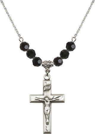 18" Rhodium Plated Necklace with 4mm Jet Crystal Beads featuring a Sterling Silver Crucifix Medal.