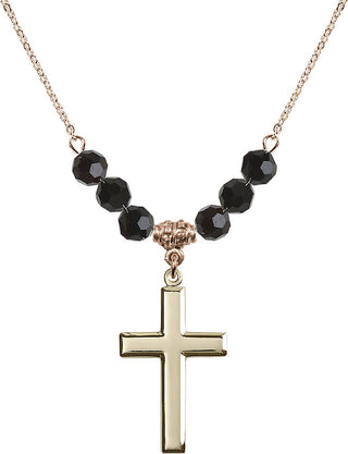 18" Hamilton Gold Plated Necklace with 4mm Jet Crystal Beads featuring a 14kt Gold Filled Cross Medal.