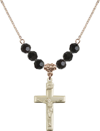 18" Hamilton Gold Plated Necklace with 4mm Jet Crystal Beads featuring a 14kt Gold Filled Crucifix Medal.