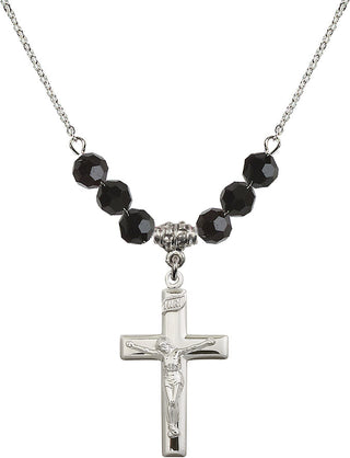 18" Rhodium Plated Necklace with 4mm Jet Crystal Beads featuring a Sterling Silver Crucifix Medal.
