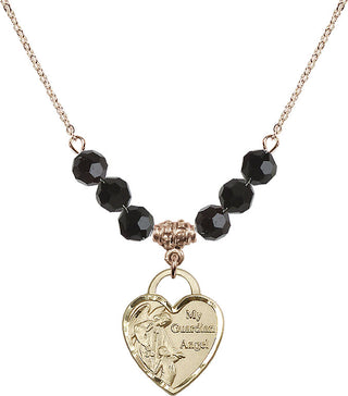 18" Hamilton Gold Plated Necklace with 4mm Jet Crystal Beads featuring a 14kt Gold Filled Guardian Angel Heart Medal. Engraved Catholic Saint Jewelry