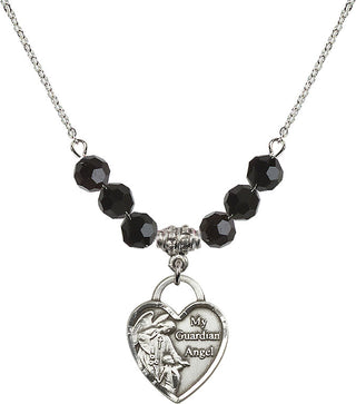 18" Rhodium Plated Necklace with 4mm Jet Crystal Beads featuring a Sterling Silver Guardian Angel Heart Medal. Engraved Catholic Saint Jewelry