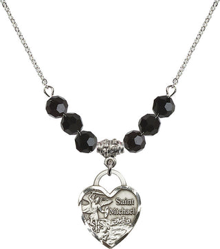 18" Rhodium Plated Necklace with 4mm Jet Crystal Beads featuring a Sterling Silver Saint Michael the Archangel Medal. Engraved Catholic Saint Jewelry