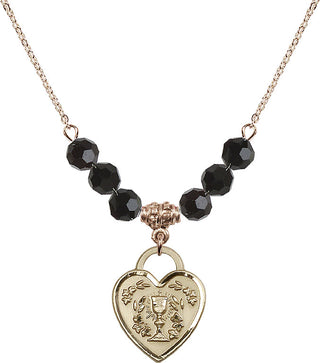 18" Hamilton Gold Plated Necklace with 4mm Jet Crystal Beads featuring a 14kt Gold Filled Communion Heart Medal. Engraved Catholic Saint Jewelry
