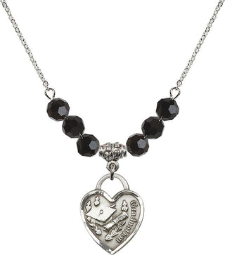 18" Rhodium Plated Necklace with 4mm Jet Crystal Beads featuring a Sterling Silver Graduation Heart Medal. Engraved Catholic Saint Jewelry
