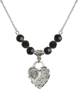 18" Rhodium Plated Necklace with 4mm Jet Crystal Beads featuring a Sterling Silver Footprints Heart Medal. Engraved Catholic Saint Jewelry