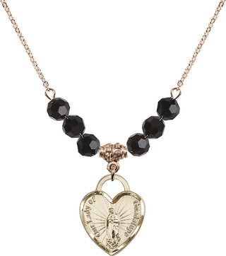 18" Hamilton Gold Plated Necklace with 4mm Jet Crystal Beads featuring a 14kt Gold Filled Our Lady Guadalupe Heart / Recuerdo Medal.