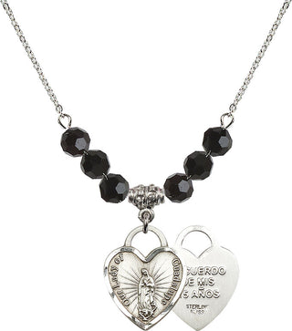 18" Rhodium Plated Necklace with 4mm Jet Crystal Beads featuring a Sterling Silver Our Lady Guadalupe Heart / Recuerdo Medal.