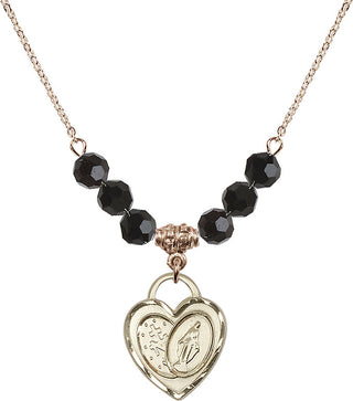 18" Hamilton Gold Plated Necklace with 4mm Jet Crystal Beads featuring a 14kt Gold Filled Miraculous Heart Medal.