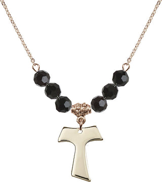 18" Hamilton Gold Plated Necklace with 4mm Jet Crystal Beads featuring a 14kt Gold Filled Tau Cross Medal.