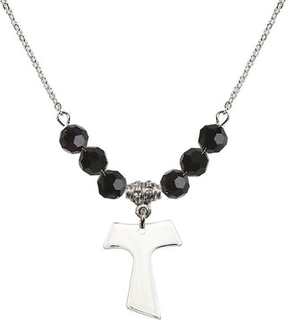 18" Rhodium Plated Necklace with 4mm Jet Crystal Beads featuring a Sterling Silver Tau Cross Medal.