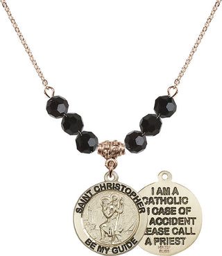 18" Hamilton Gold Plated Necklace with 4mm Jet Crystal Beads featuring a 14kt Gold Filled Saint Christopher Medal.