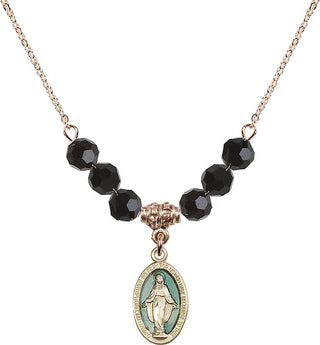 18" Hamilton Gold Plated Necklace with 4mm Jet Crystal Beads featuring a 14kt Gold Filled Miraculous Medal.