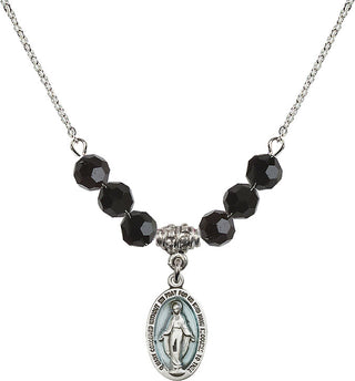 18" Rhodium Plated Necklace with 4mm Jet Crystal Beads featuring a Sterling Silver Miraculous Medal.