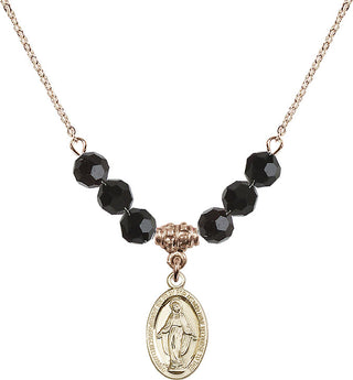 18" Hamilton Gold Plated Necklace with 4mm Jet Crystal Beads featuring a 14kt Gold Filled Miraculous Medal.