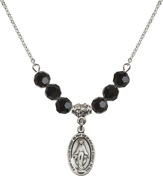 18" Rhodium Plated Necklace with 4mm Jet Crystal Beads featuring a Sterling Silver Miraculous Medal.